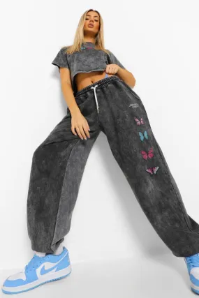 Acid Wash Butterfly Cropped T-Shirt & Joggers Set