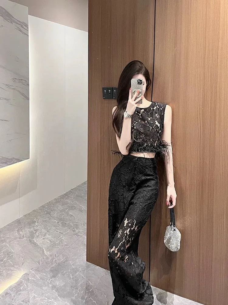 BETTER LS Royal sister suit women's sleeveless short lace top high waist wide leg trousers high-end two-piece suit