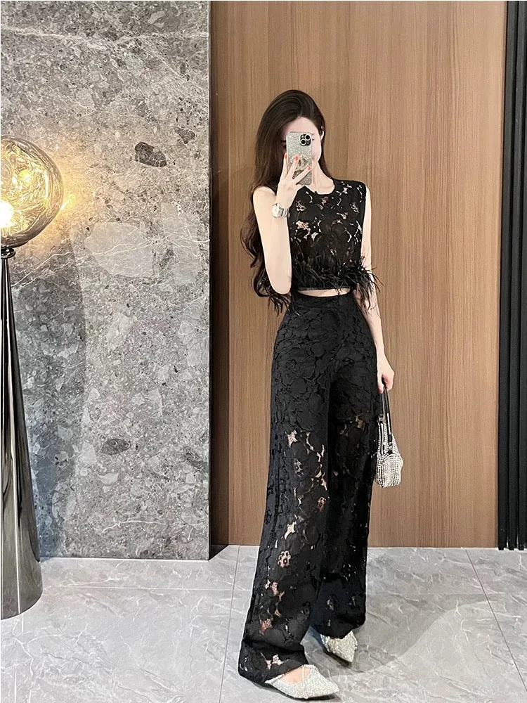 BETTER LS Royal sister suit women's sleeveless short lace top high waist wide leg trousers high-end two-piece suit