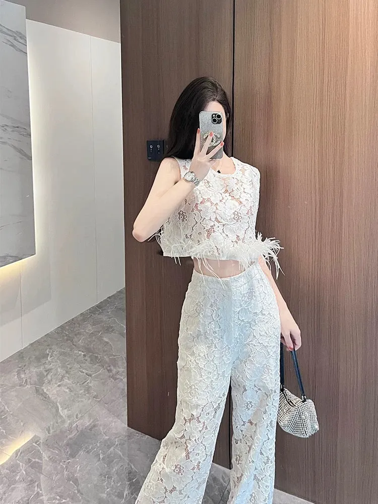 BETTER LS Royal sister suit women's sleeveless short lace top high waist wide leg trousers high-end two-piece suit