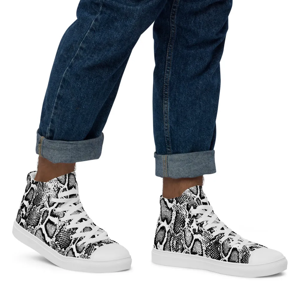 Black and White Python Men’s High Top Canvas Shoes