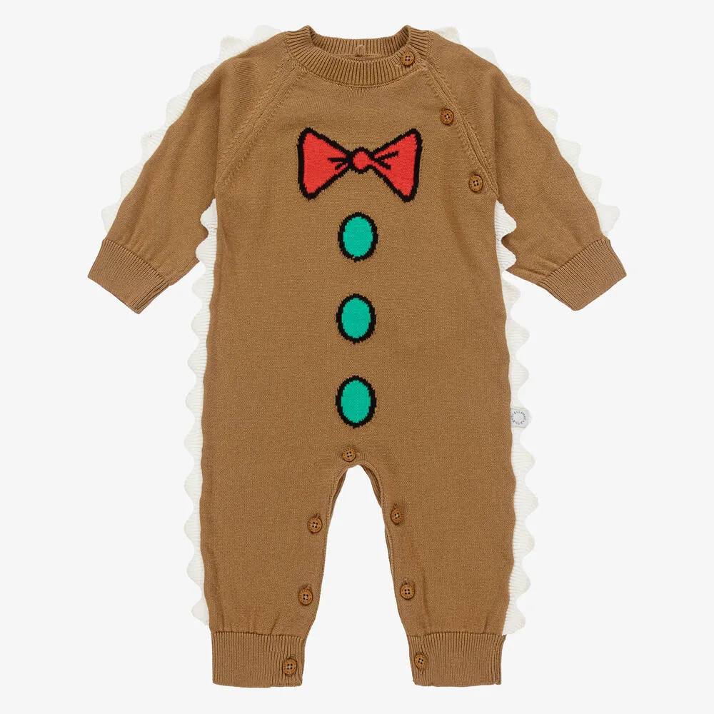 Brown Organic Cotton Knit Bow Tie Romper