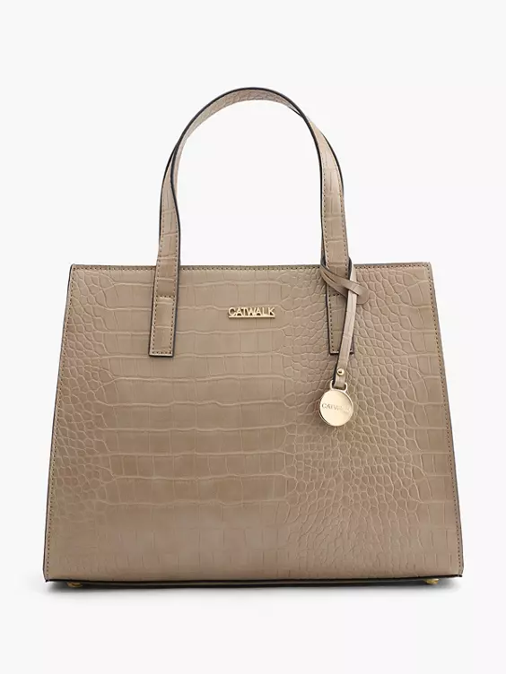 Catwalk  Taupe Croc Print Handbag With Gold Charm