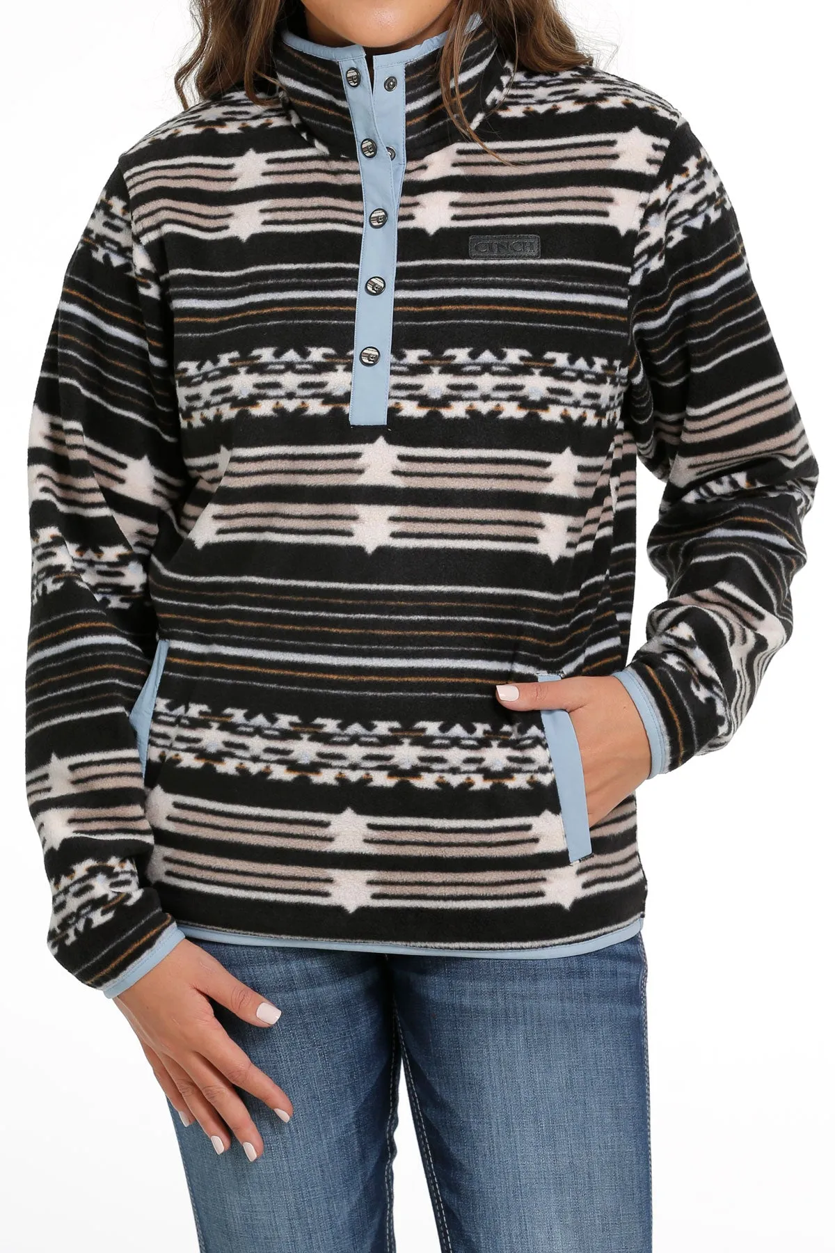 Cinch Black Southwest Stripe Print Polar Fleece Pullover for Women