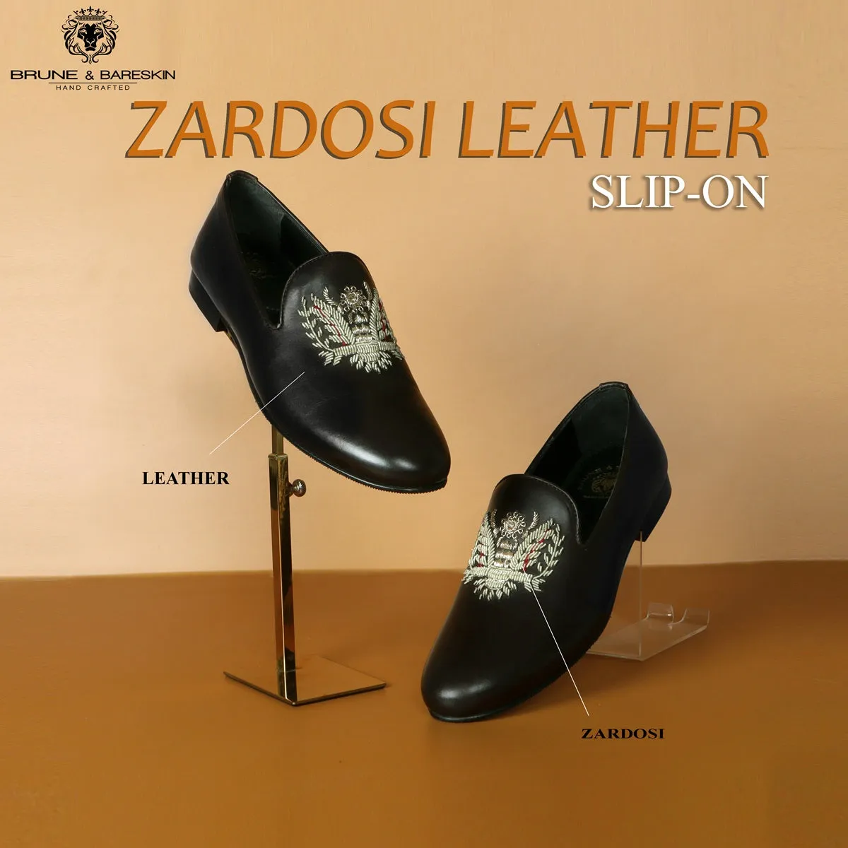 Crown Eagle Zardosi Slip-On Shoes in Black Leather By Brune & Bareskin