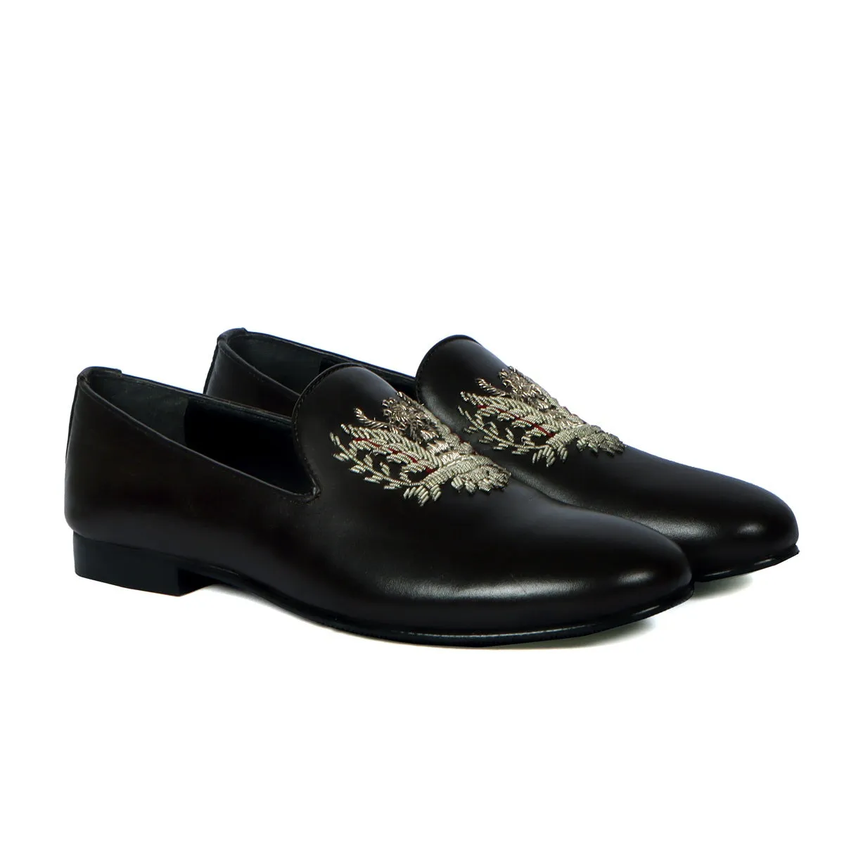 Crown Eagle Zardosi Slip-On Shoes in Black Leather By Brune & Bareskin