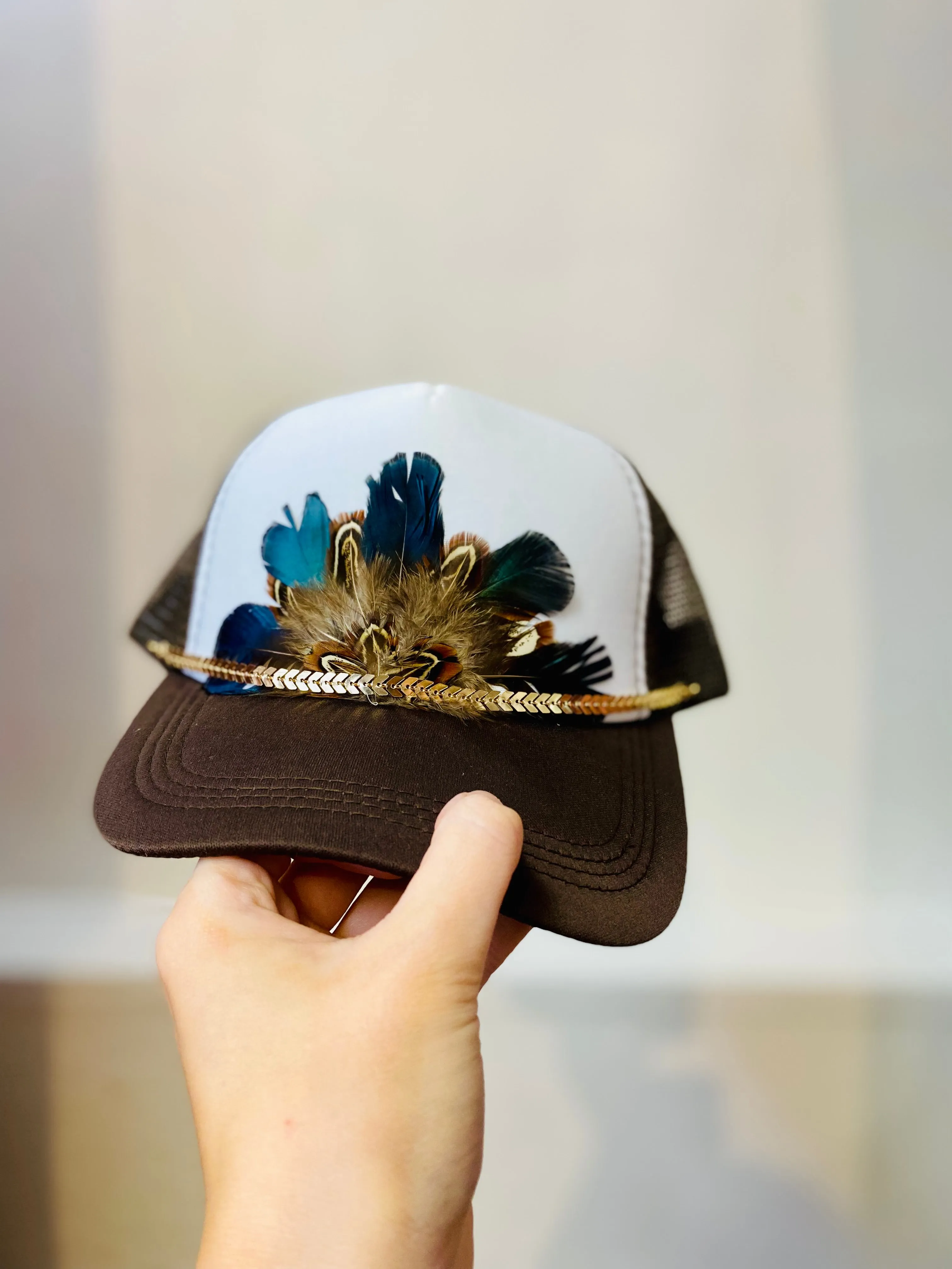 Custom Feather Trucker Hat - Brown Arrow