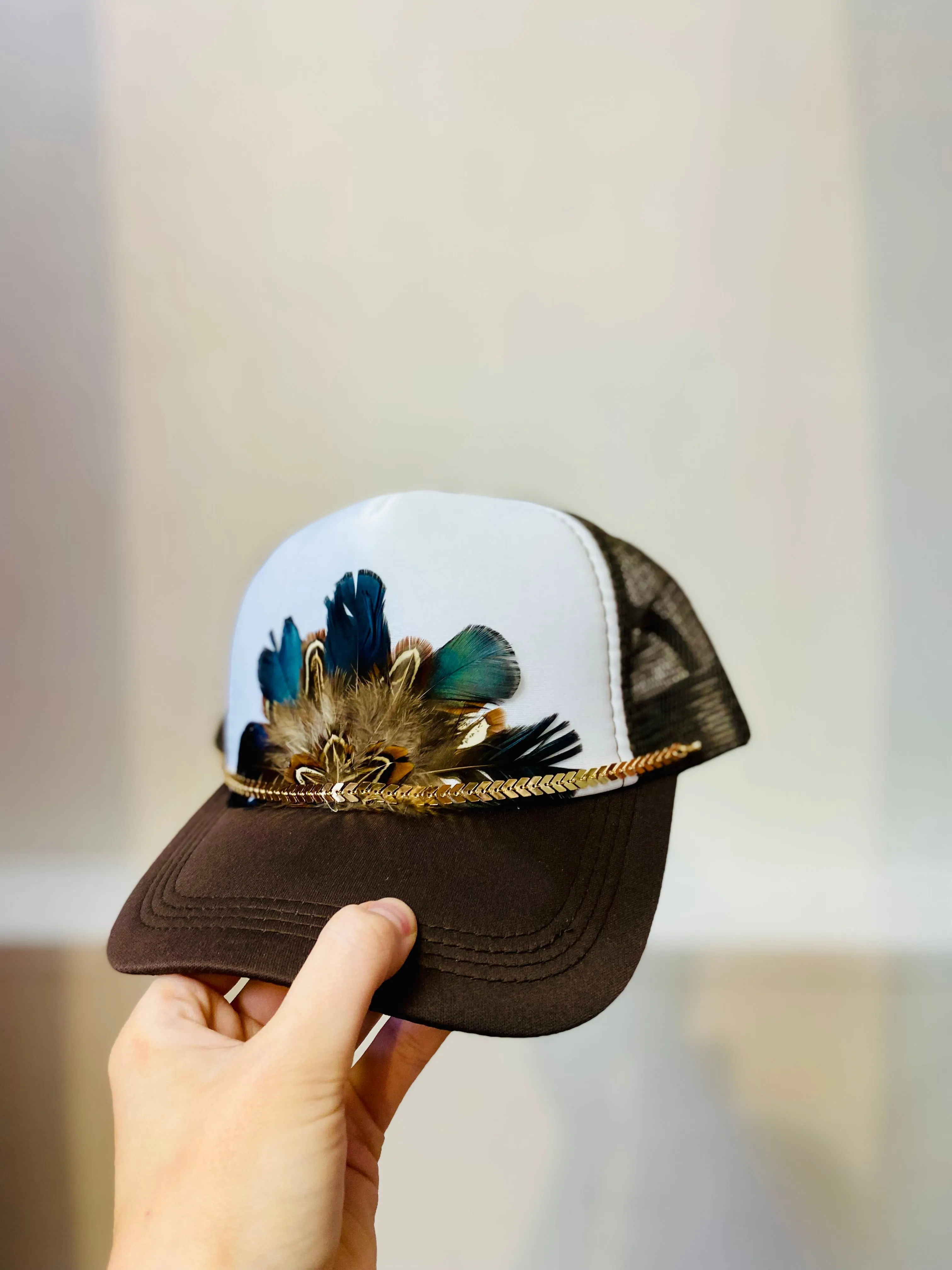 Custom Feather Trucker Hat - Brown Arrow