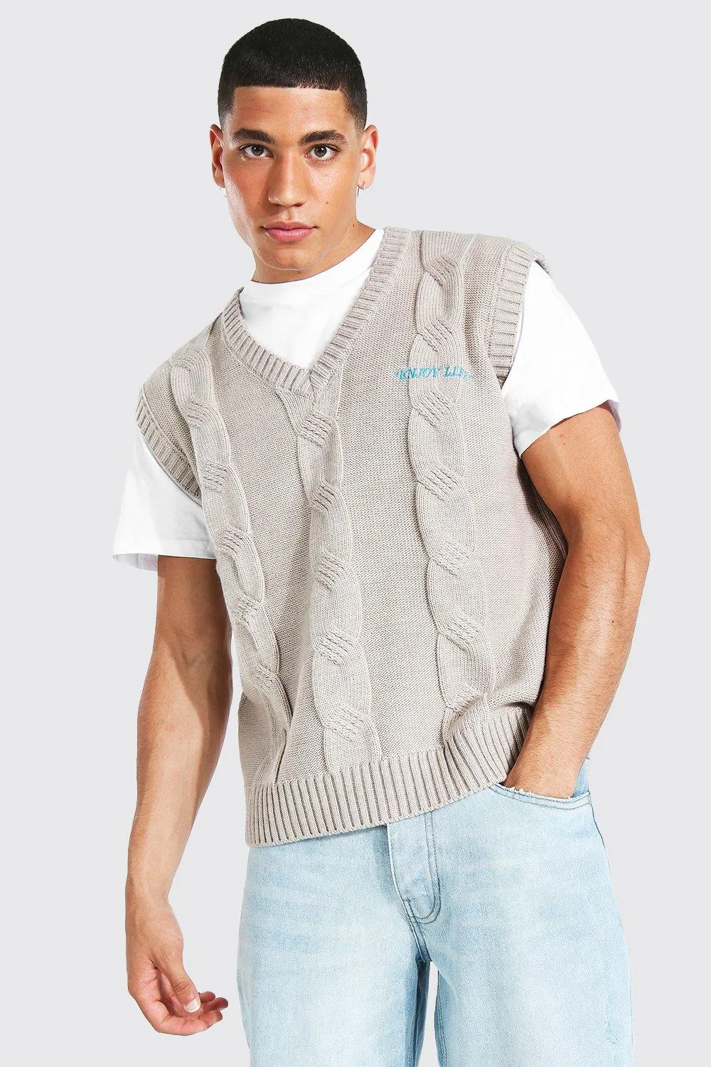 Enjoy Life Embroidered Cable Knit Vest | boohooMAN UK