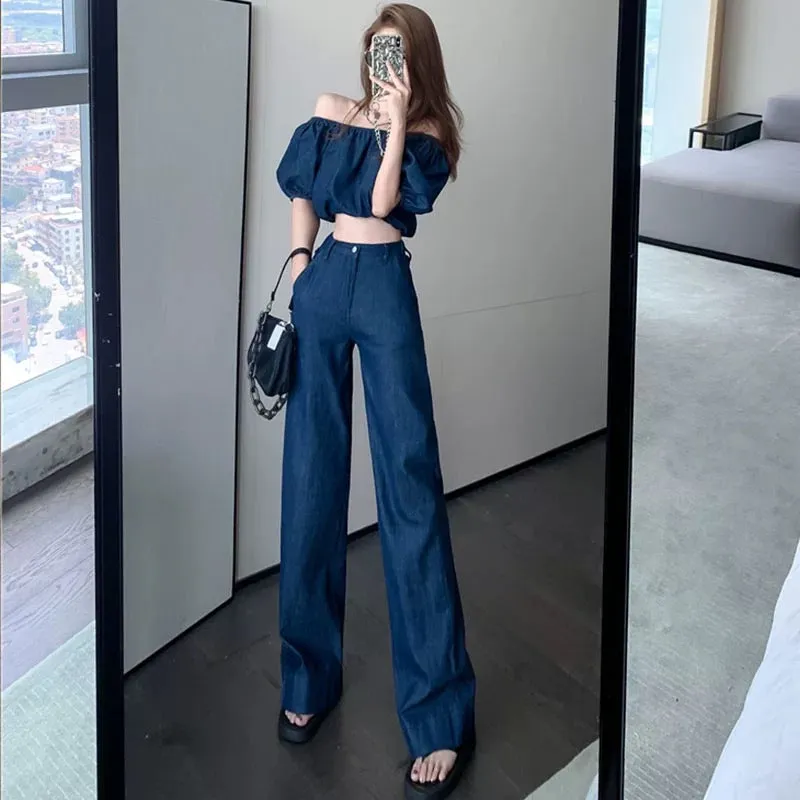 Fashionable age-reducing two-piece summer one-piece collar puff-sleeved top for women high-waisted wide-leg trousers denim suit 