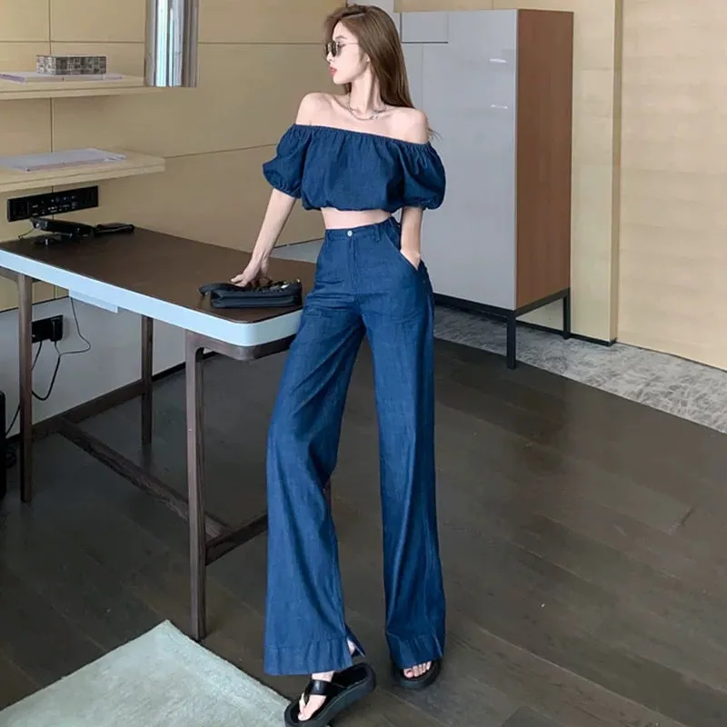 Fashionable age-reducing two-piece summer one-piece collar puff-sleeved top for women high-waisted wide-leg trousers denim suit 