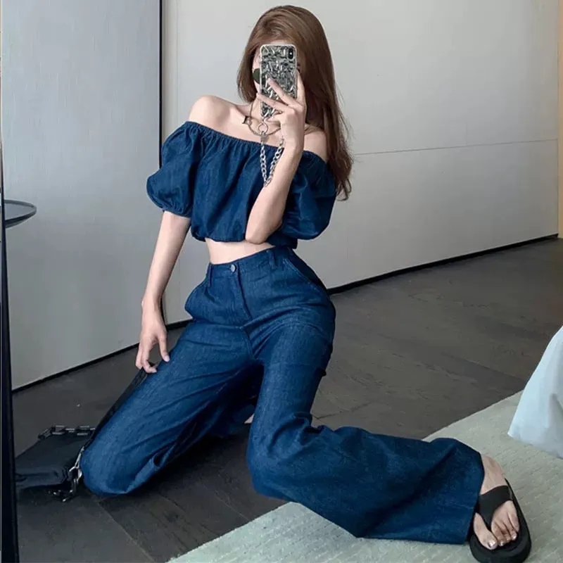 Fashionable age-reducing two-piece summer one-piece collar puff-sleeved top for women high-waisted wide-leg trousers denim suit 