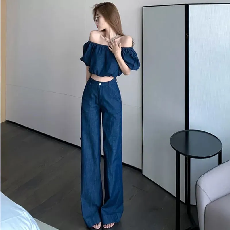 Fashionable age-reducing two-piece summer one-piece collar puff-sleeved top for women high-waisted wide-leg trousers denim suit 