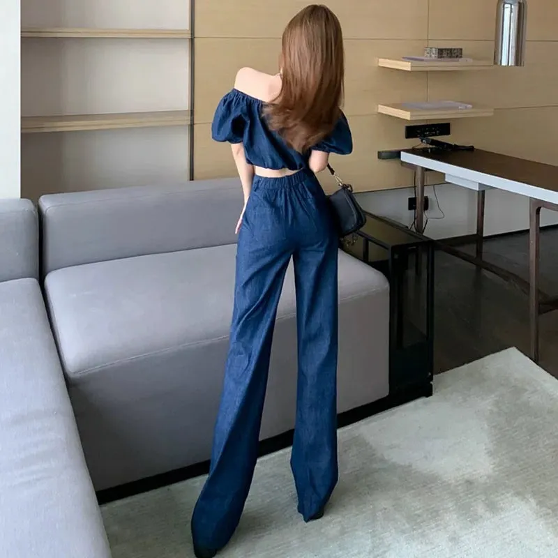 Fashionable age-reducing two-piece summer one-piece collar puff-sleeved top for women high-waisted wide-leg trousers denim suit 