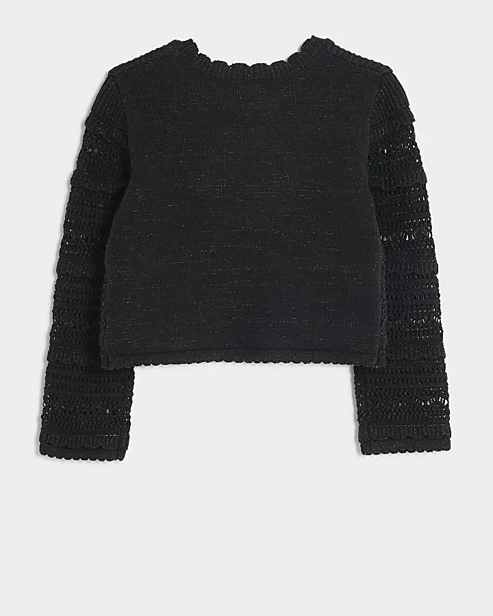 Girls black crochet metallic jumper