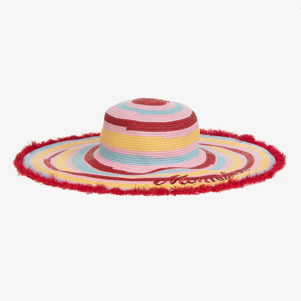 Girls Red Striped Straw Sun Hat 