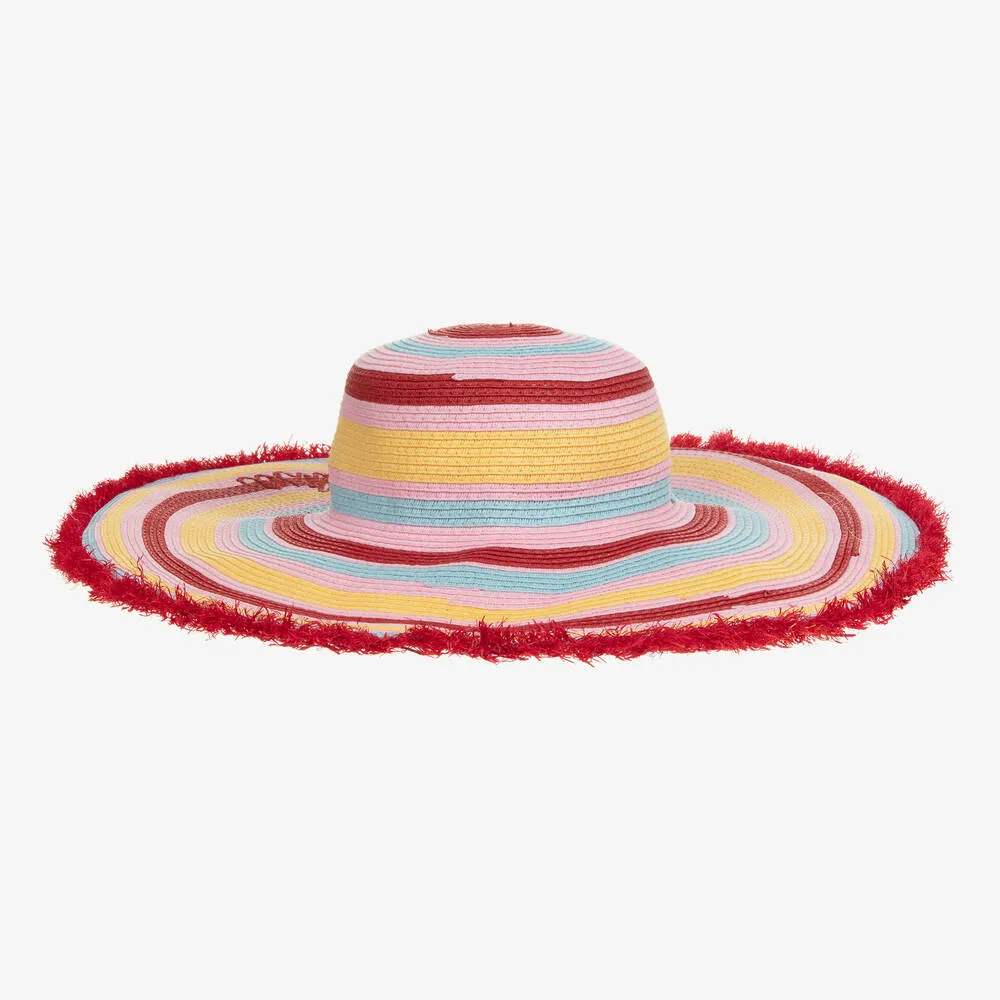 Girls Red Striped Straw Sun Hat 