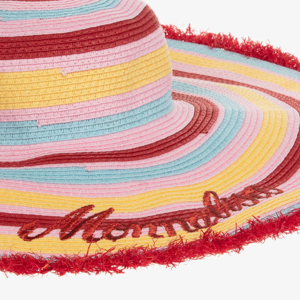 Girls Red Striped Straw Sun Hat 