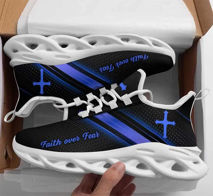 Jesus Christ Cross Faith Over Fear Religious God Lovers Gift Blue Line Clunky Sneakers