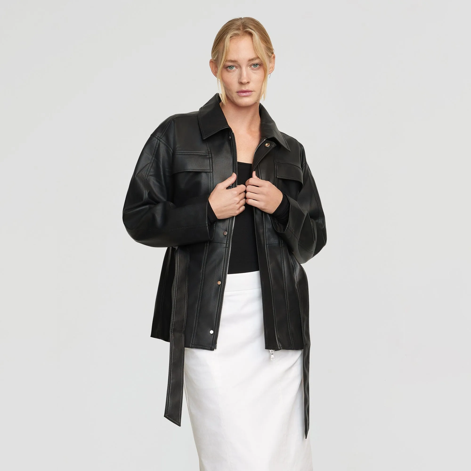 Kaden Tie-Waist Vegan Leather Jacket | Black