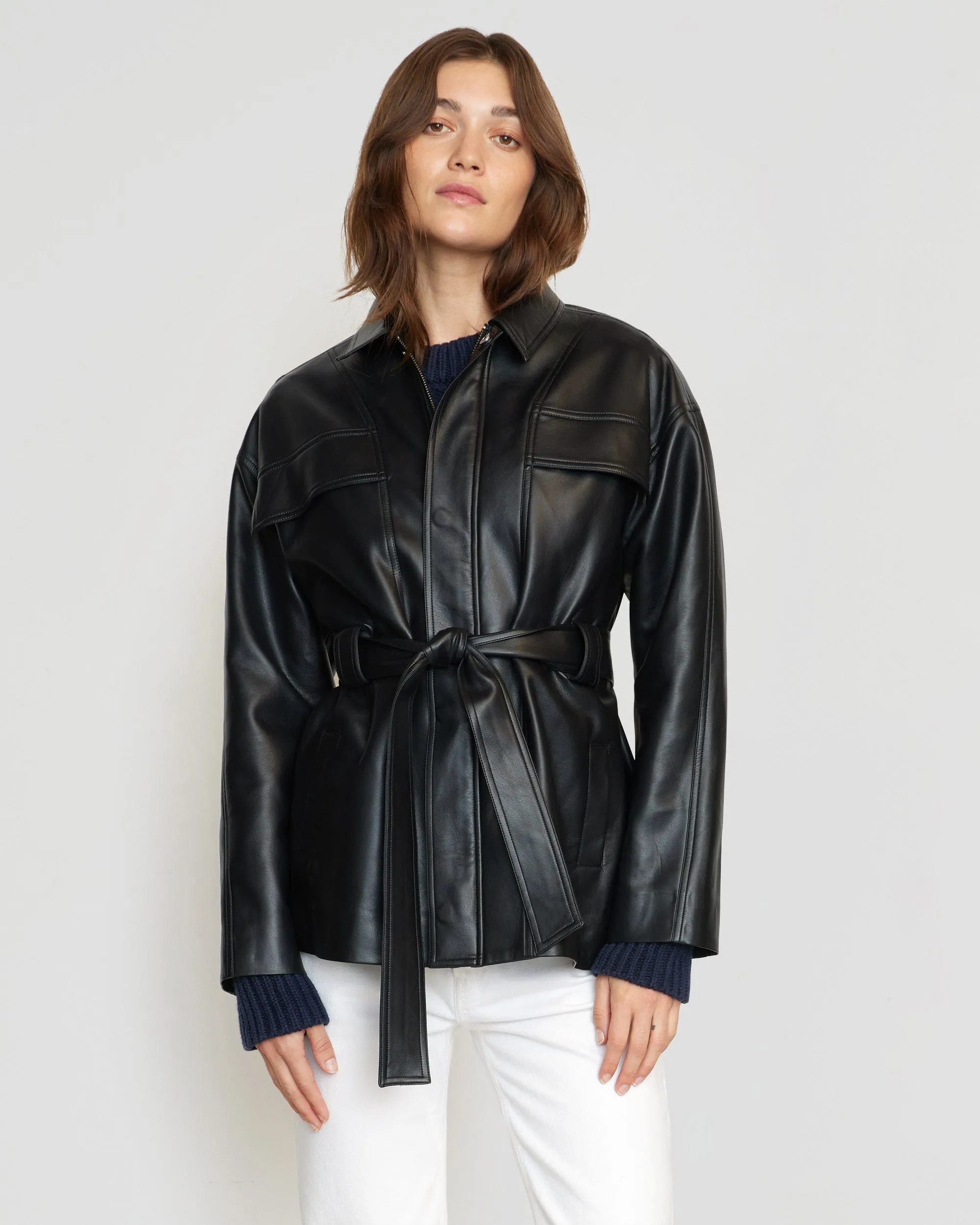 Kaden Tie-Waist Vegan Leather Jacket | Black