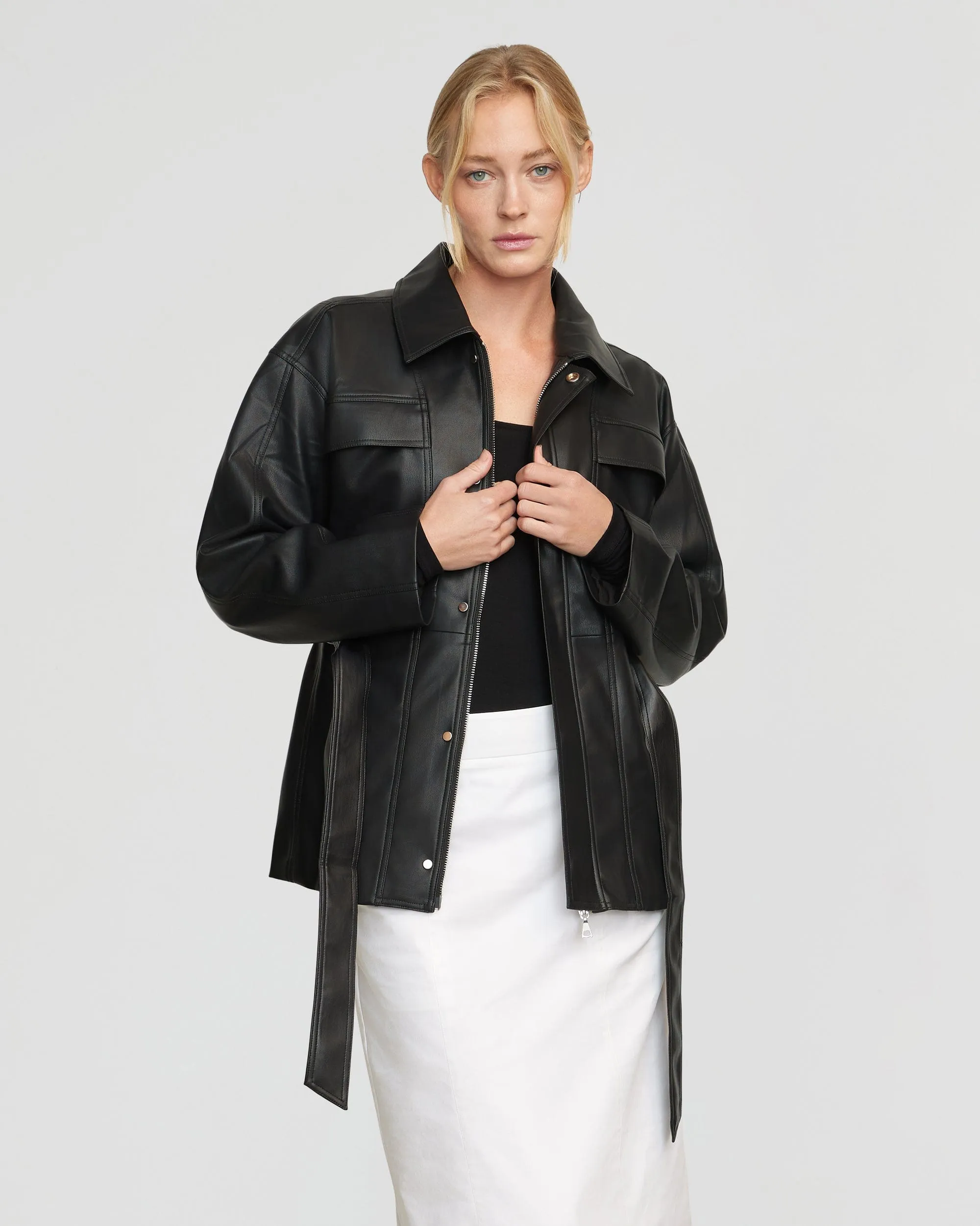 Kaden Tie-Waist Vegan Leather Jacket | Black