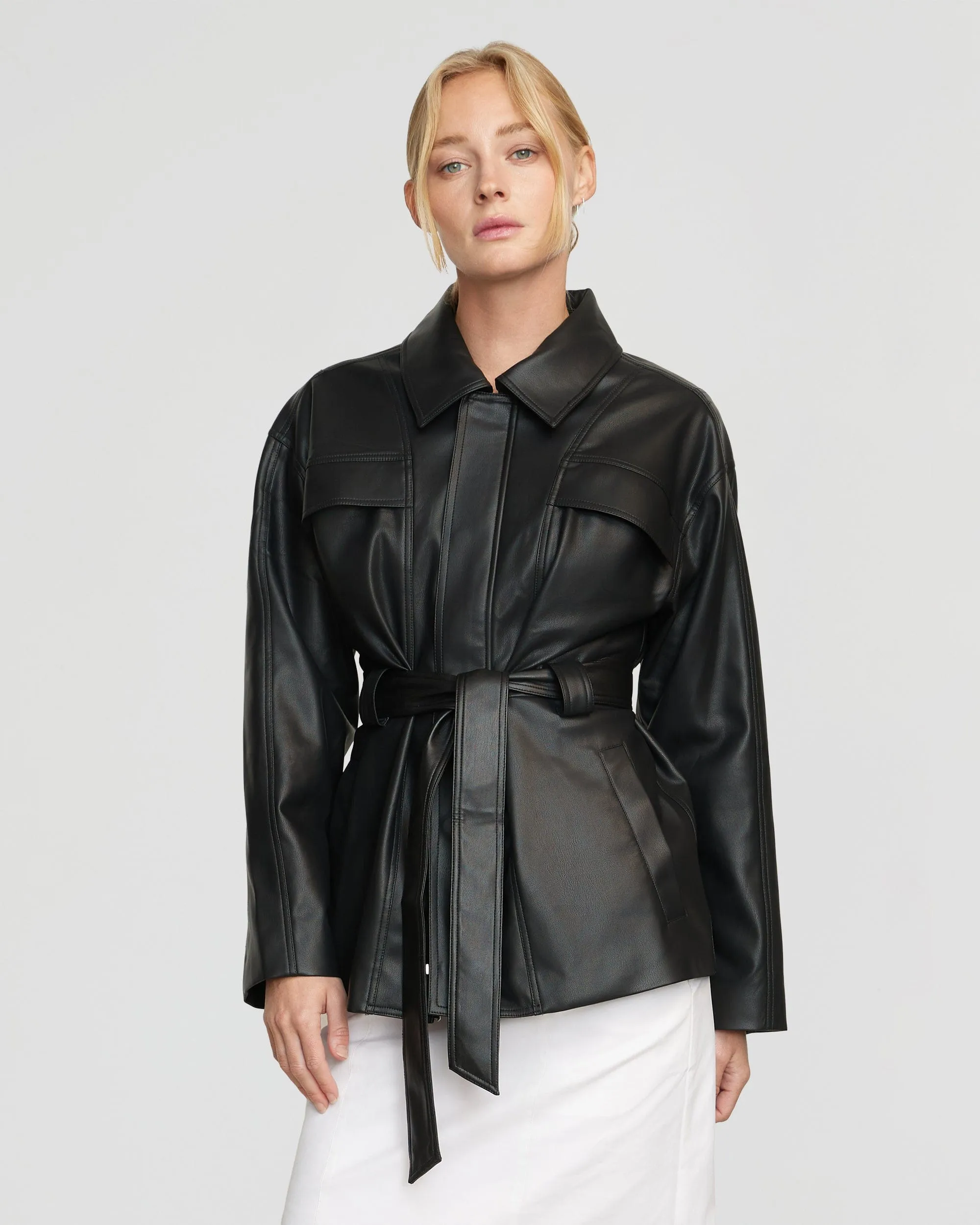 Kaden Tie-Waist Vegan Leather Jacket | Black