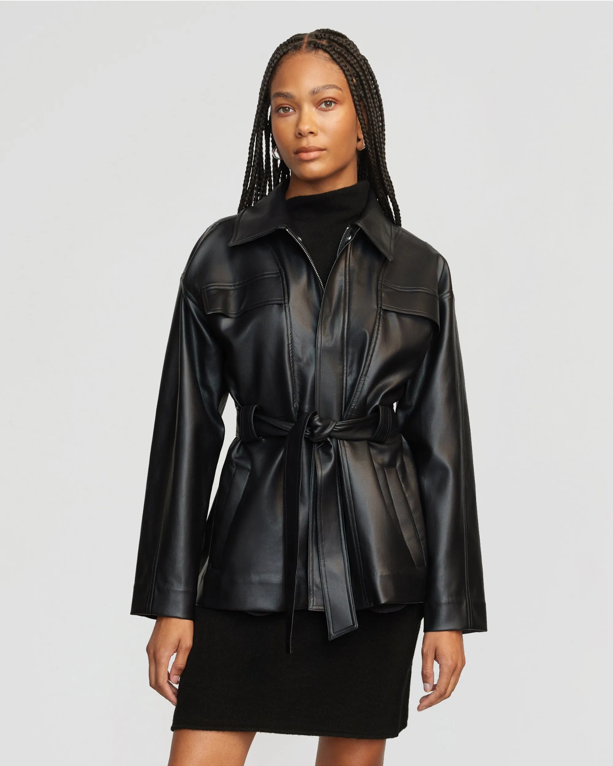 Kaden Tie-Waist Vegan Leather Jacket | Black