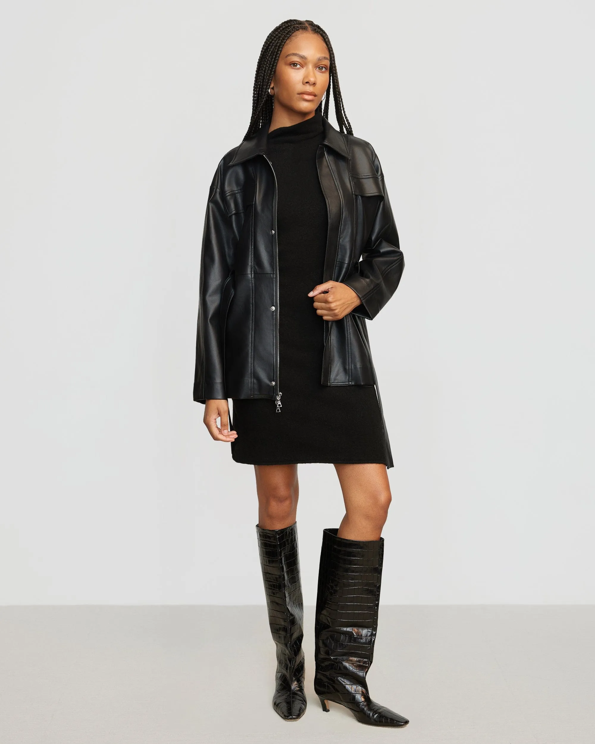 Kaden Tie-Waist Vegan Leather Jacket | Black