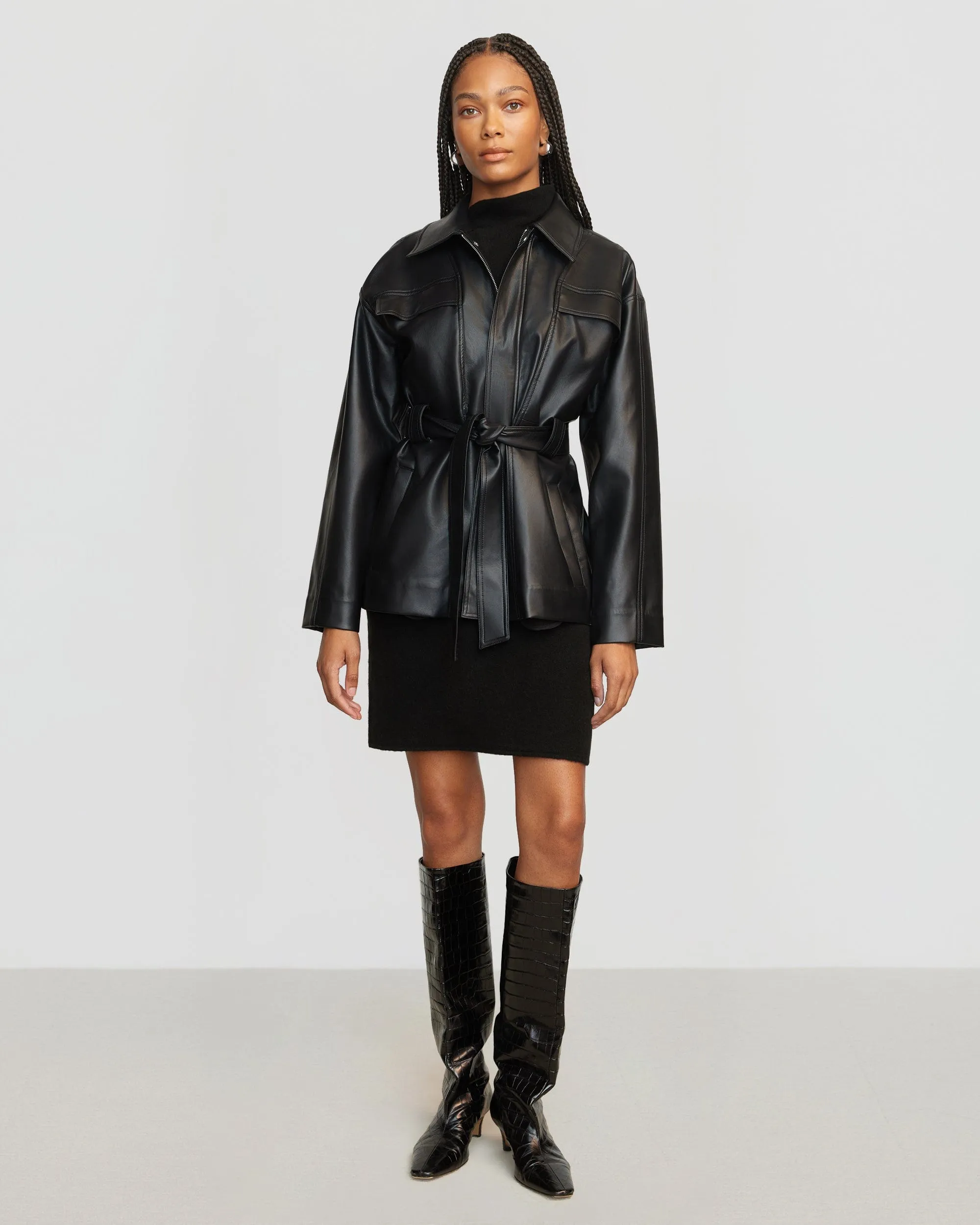 Kaden Tie-Waist Vegan Leather Jacket | Black