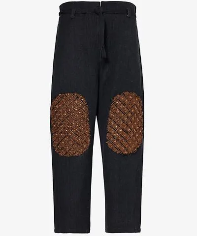 Kartik Research Mens Black/Red/Gold Double Knee patch wide-crop-leg relaxed-fit cotton trousers