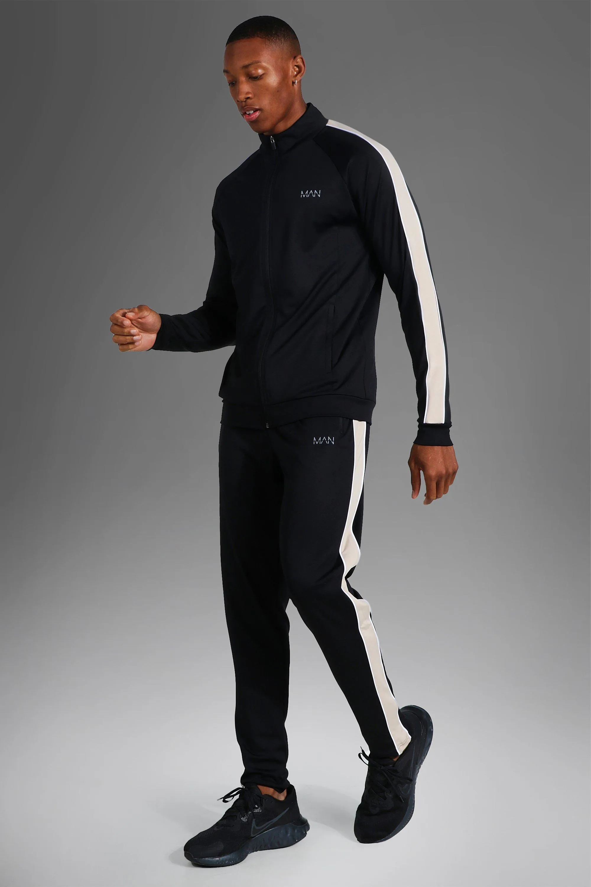 Man Active Side Stripe Zip Through Tracksuit | boohooMAN UK