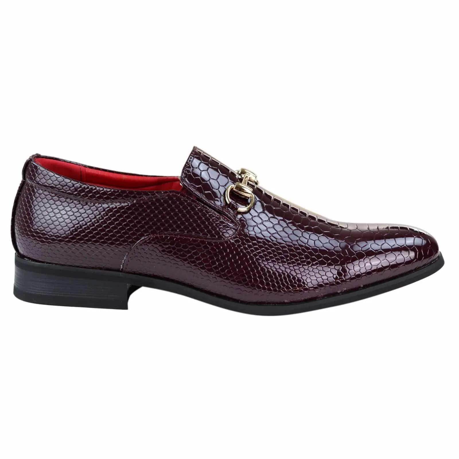 Mens PU Leather Snakeskin Patent Shoes - Wine