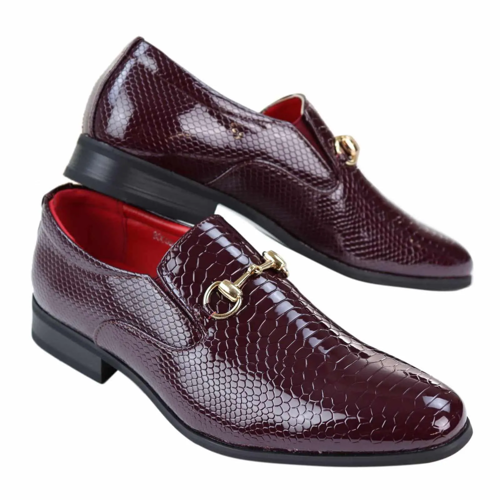 Mens PU Leather Snakeskin Patent Shoes - Wine