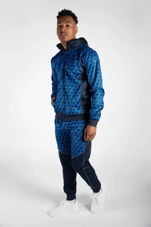 Mens Royal Blue With Navy Geometric Print Skinny Tracksuit