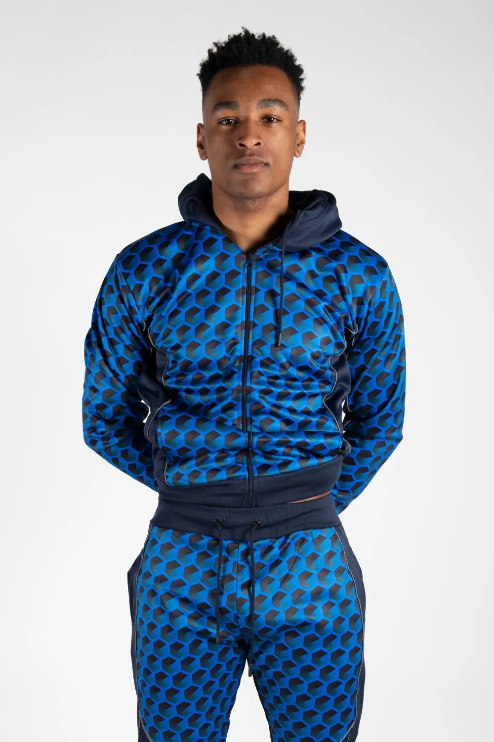 Mens Royal Blue With Navy Geometric Print Skinny Tracksuit