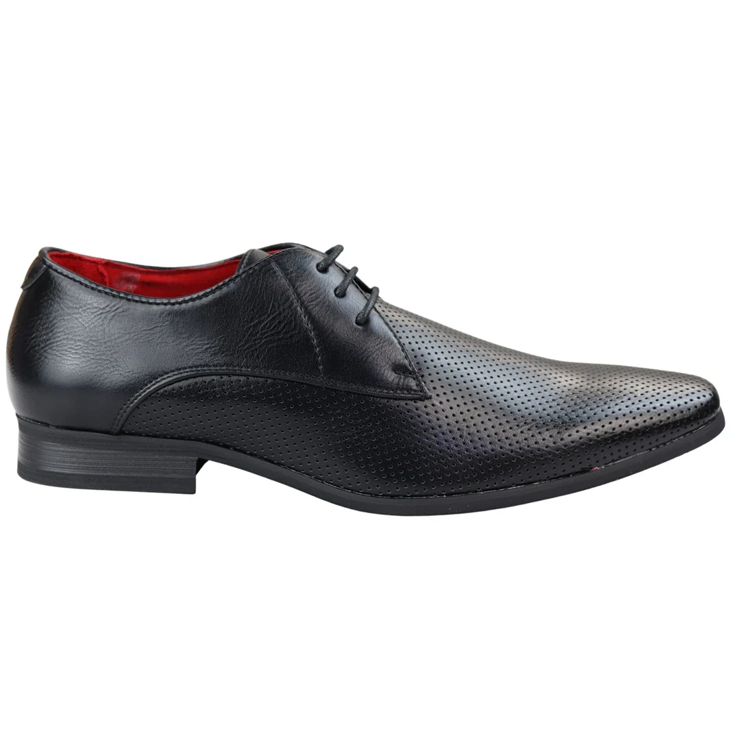 Mens Shoes Smart Formal Perforated Pointed Laced Black Leather PU