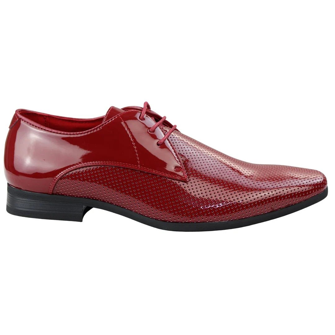 Mens Shoes Smart Formal Perforated Pointed Laced Red Patent Leather PU