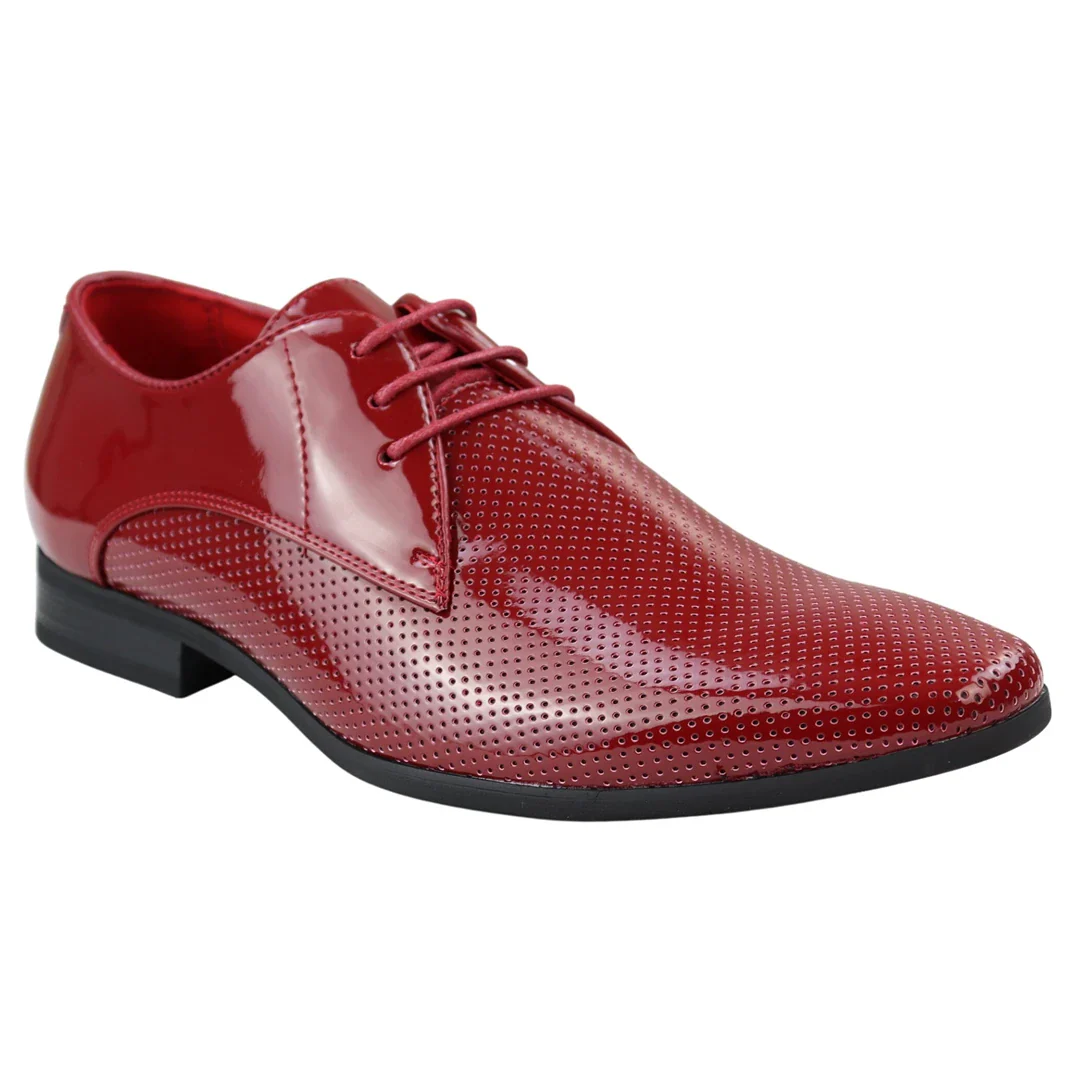 Mens Shoes Smart Formal Perforated Pointed Laced Red Patent Leather PU