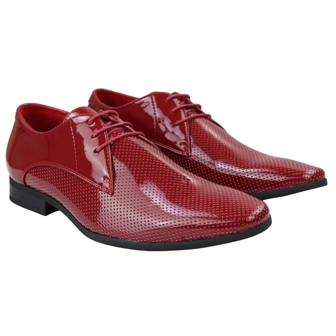 Mens Shoes Smart Formal Perforated Pointed Laced Red Patent Leather PU