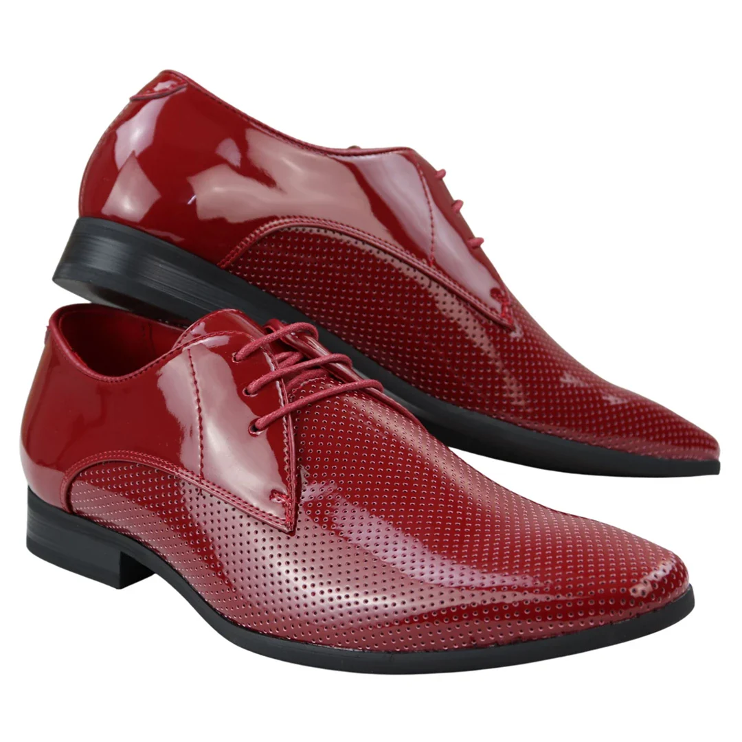 Mens Shoes Smart Formal Perforated Pointed Laced Red Patent Leather PU