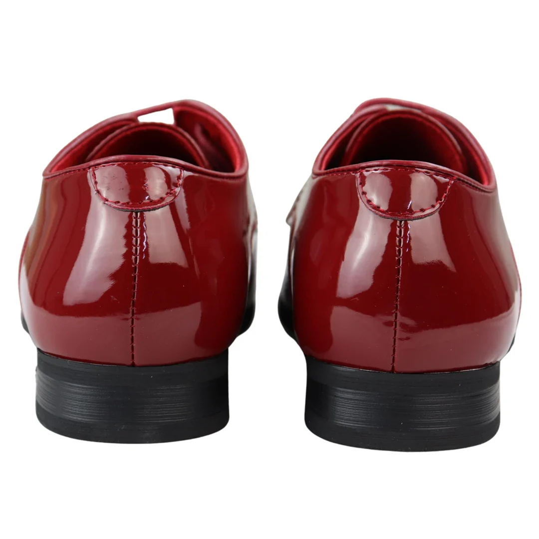 Mens Shoes Smart Formal Perforated Pointed Laced Red Patent Leather PU