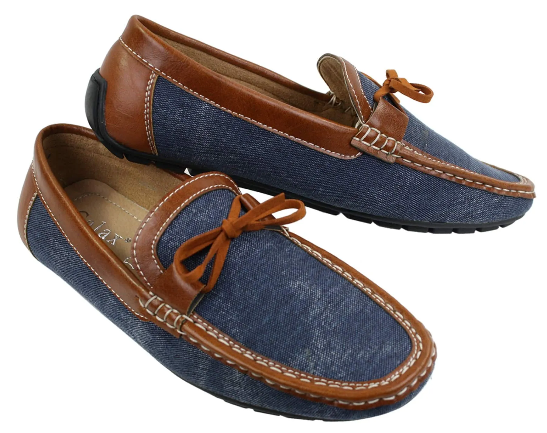 Mens Slip On Denim Leather Lace Moccasin Shoes Smart Casual Italian Tan Navy