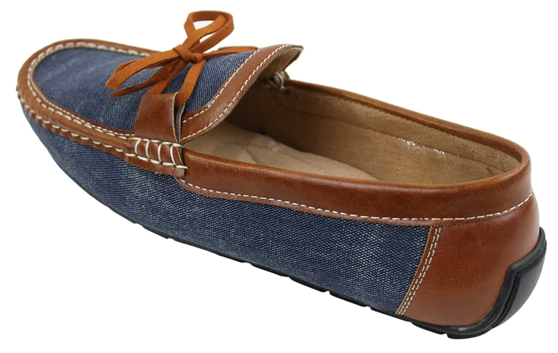 Mens Slip On Denim Leather Lace Moccasin Shoes Smart Casual Italian Tan Navy