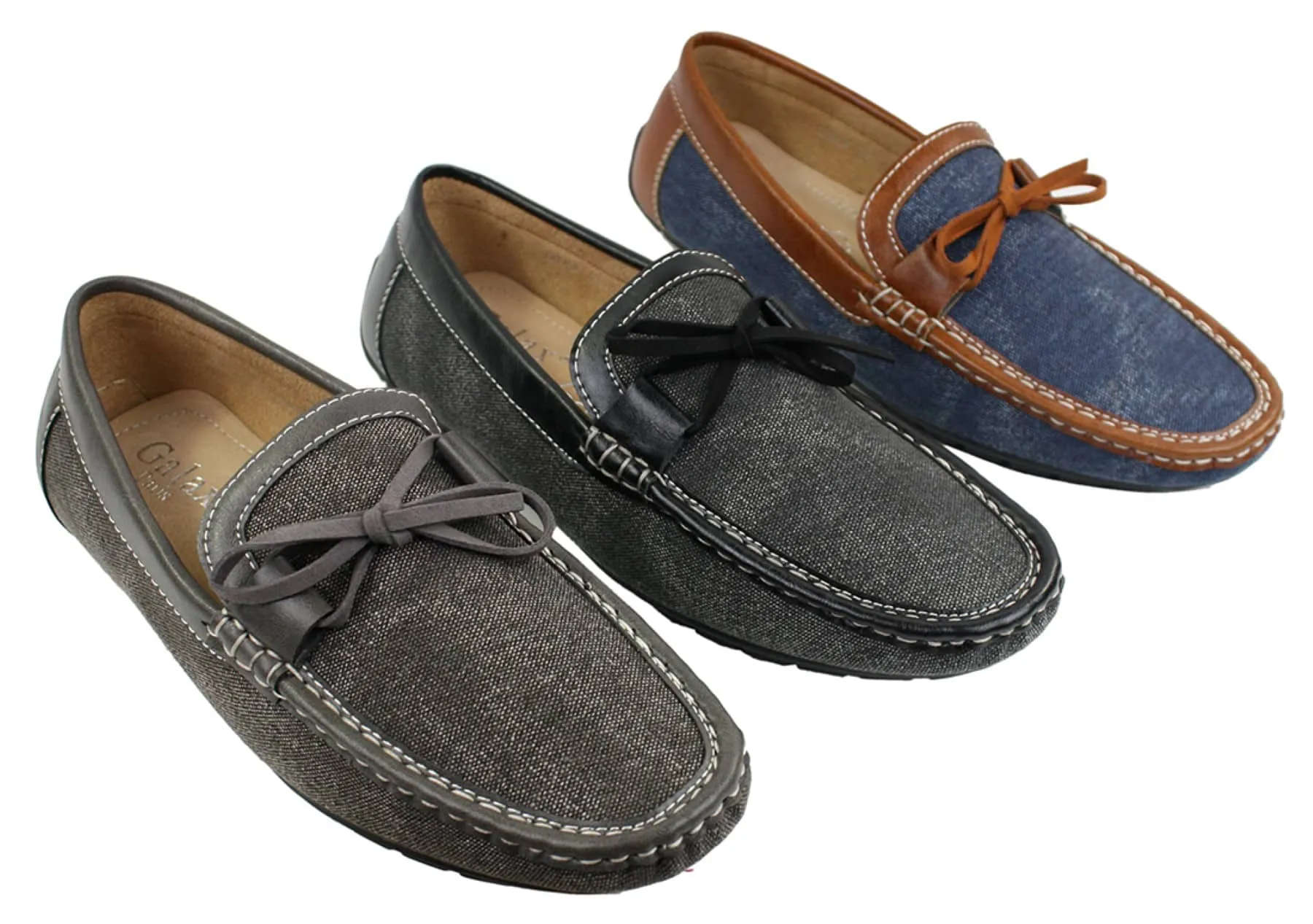 Mens Slip On Denim Leather Lace Moccasin Shoes Smart Casual Italian Tan Navy