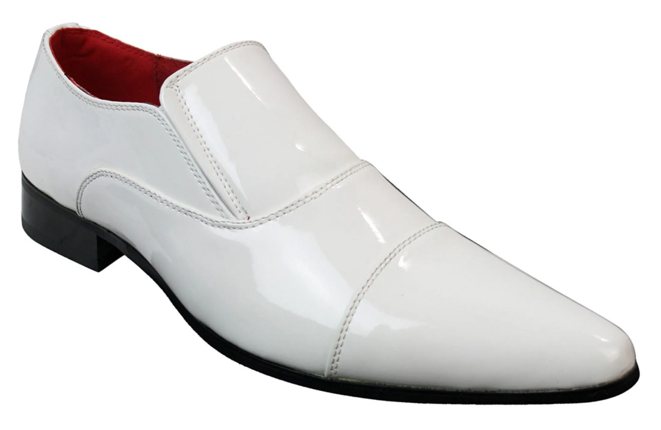 Mens Smart Formal Slip On White Patent Shiny Shoes Leather Lined Italian