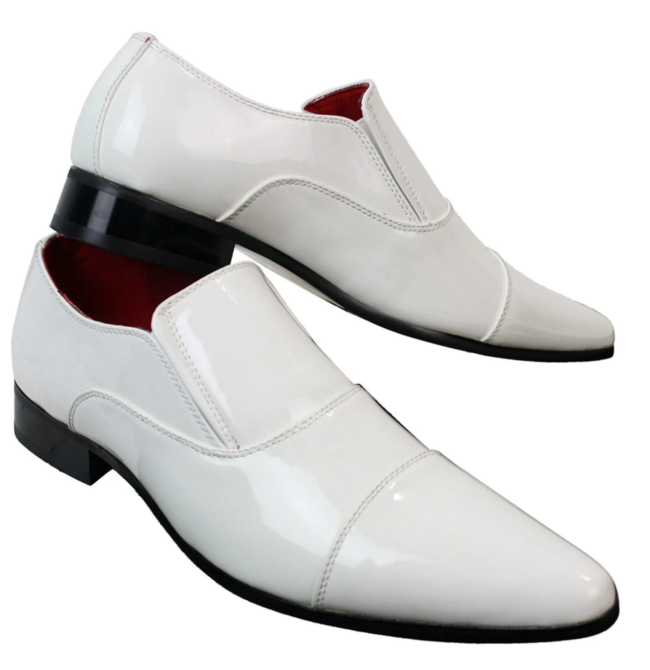 Mens Smart Formal Slip On White Patent Shiny Shoes Leather Lined Italian