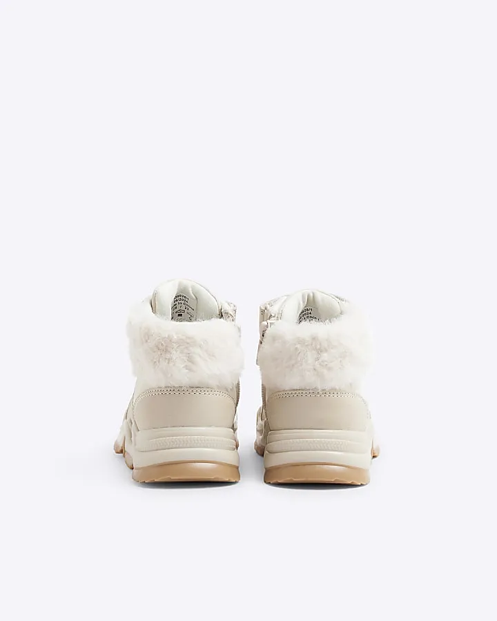 Mini girls cream faux fur cuff trainers