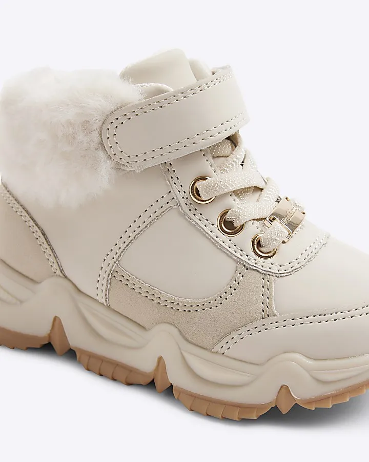 Mini girls cream faux fur cuff trainers