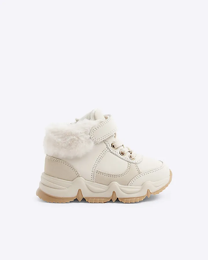 Mini girls cream faux fur cuff trainers